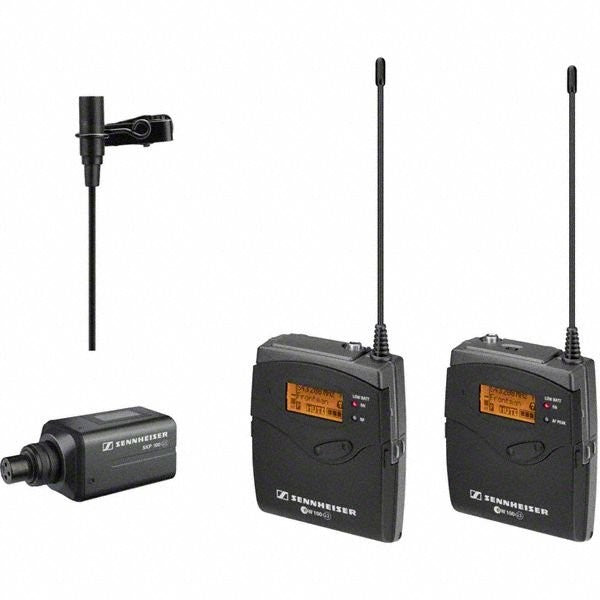 Sennheiser EW100ENGG3-A SK100 G3 bodypack, ME2 omni lavalier, SKP100 G3 plug-on for dynamic mics and EK100 G3 portable receiver, with 1/8" and XLR unbalanced output cables and camera mount